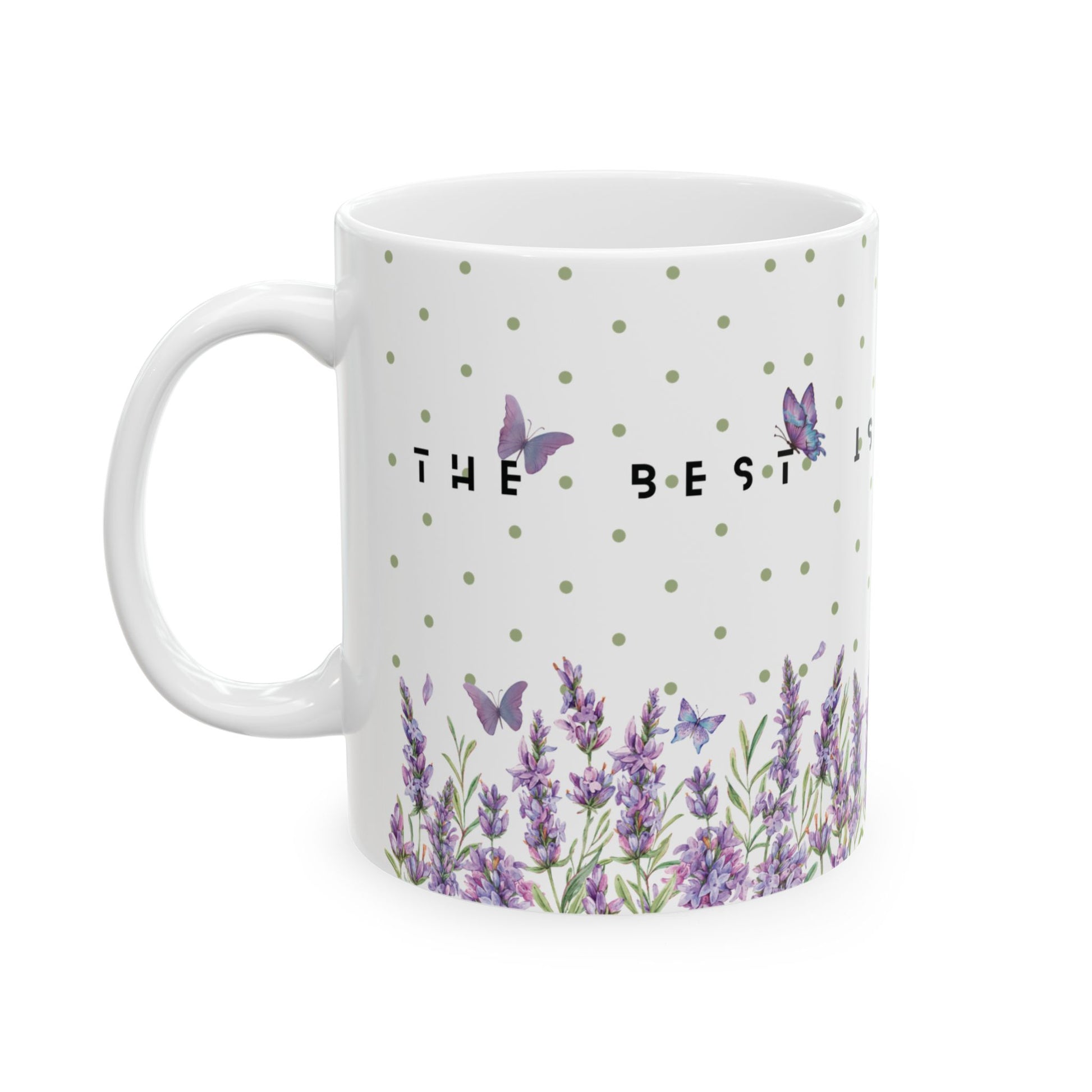 White mug with lavender design and 'The Best' text on a white background