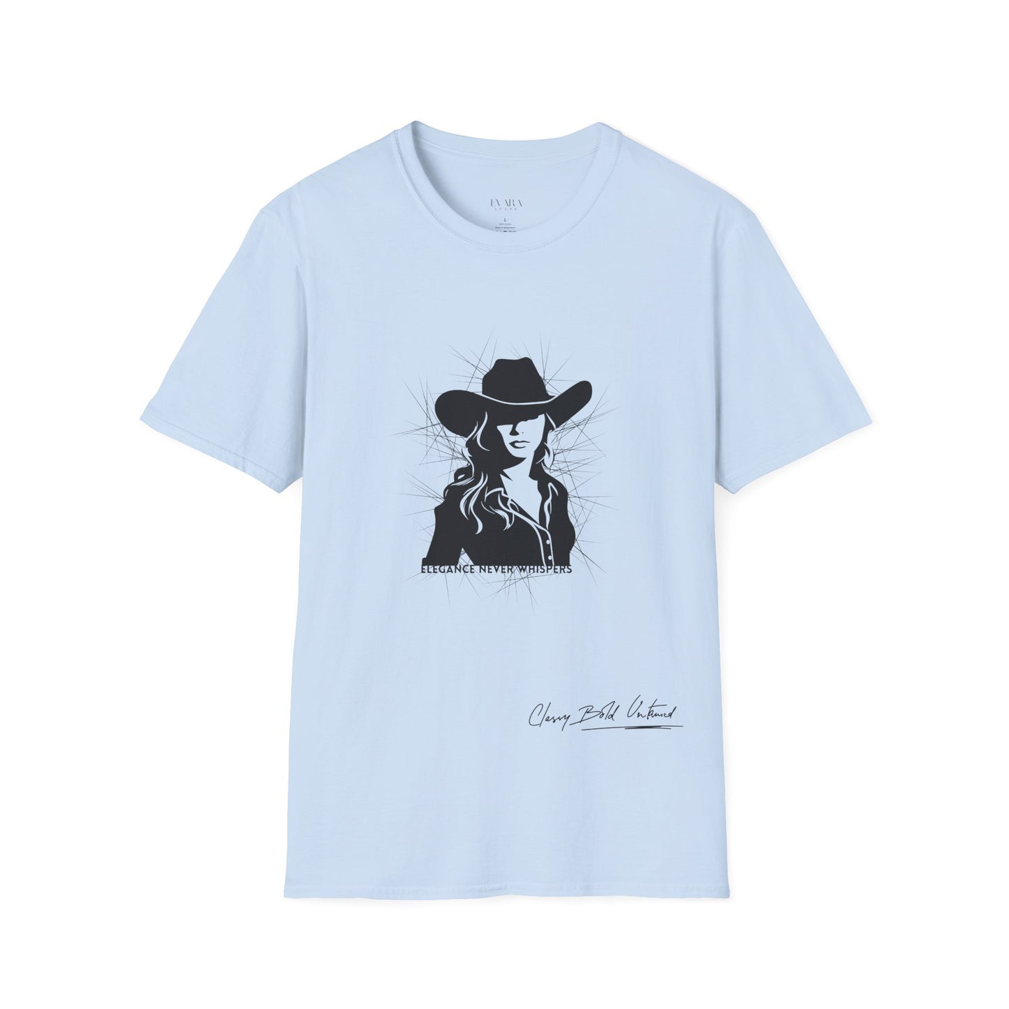Elegance Never Whispers Women’s T-Shirt | Stylish Woman in Hat Graphic Tee | Minimalist Fashion Shirt for Women