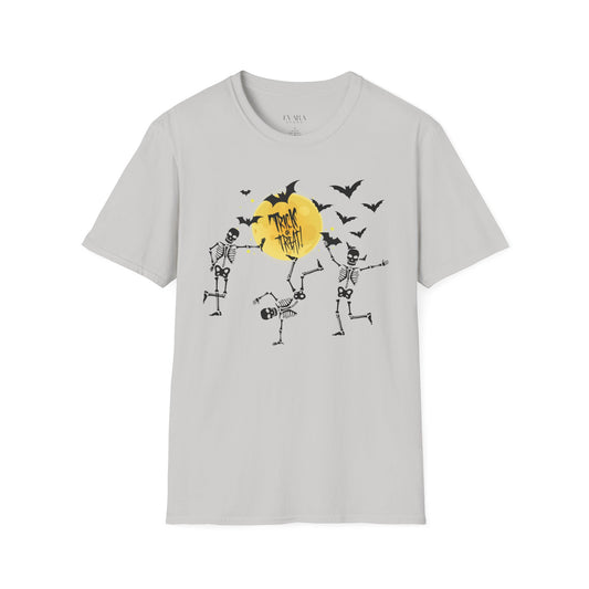 Gray t-shirt with Halloween-themed design featuring skeletons and a moon on a white background