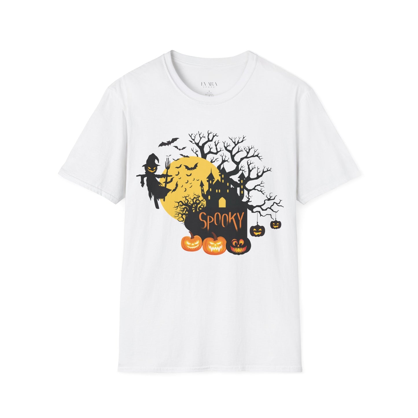 White t-shirt with Halloween-themed design featuring pumpkins, a witch, and a haunted house on a white background.