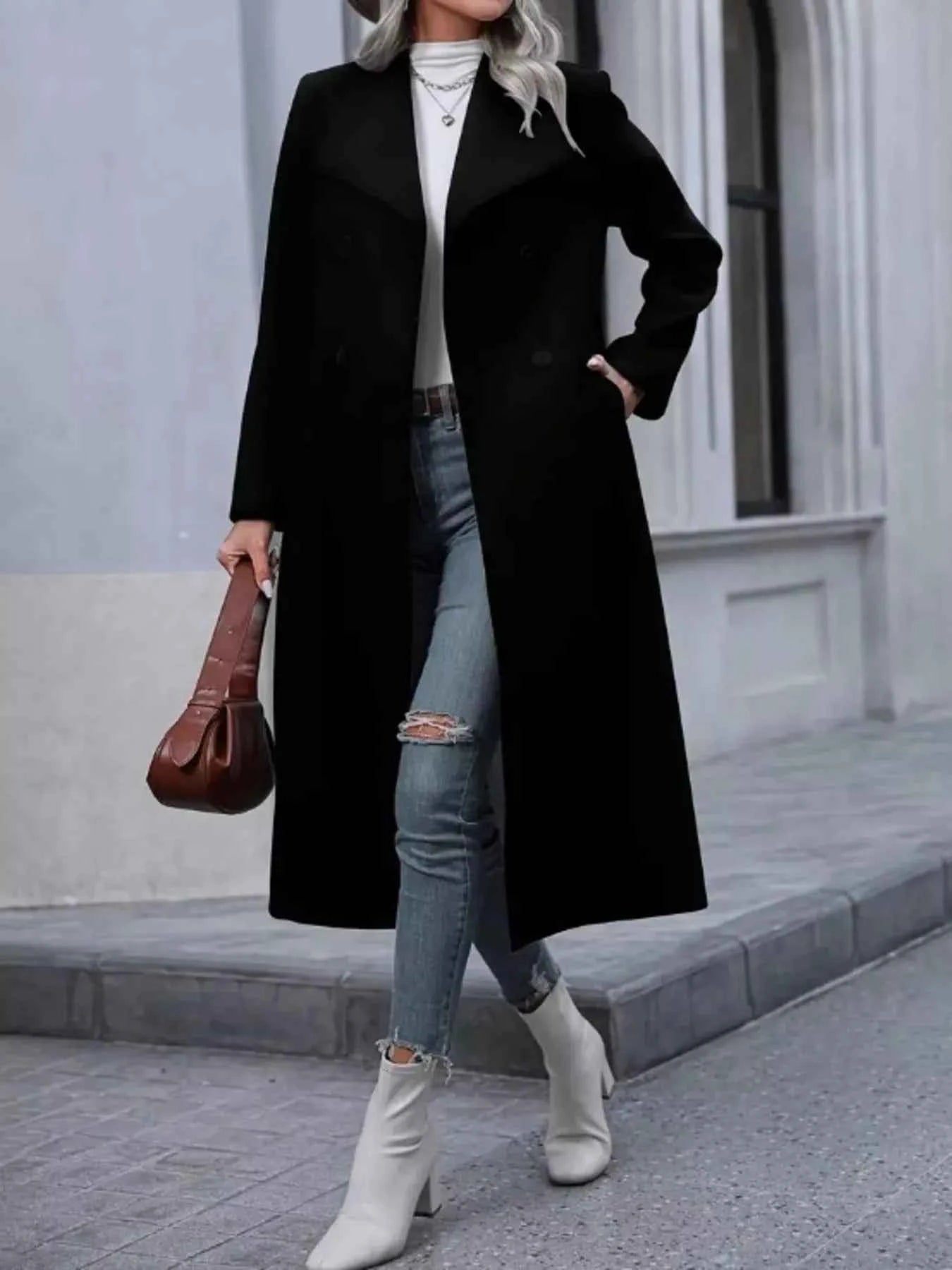 Double-Breasted Longline Overcoat- Elegant Women's Outerwear