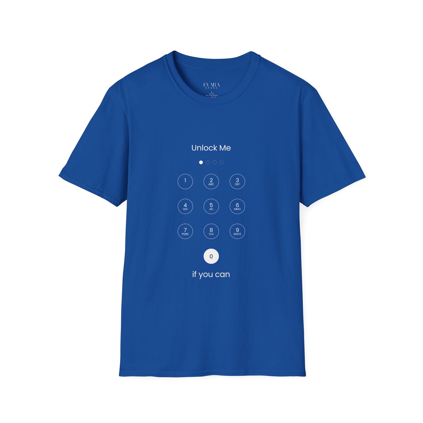 Close-up of "Unlock Me" puzzle graphic on tech-themed unisex t-shirt