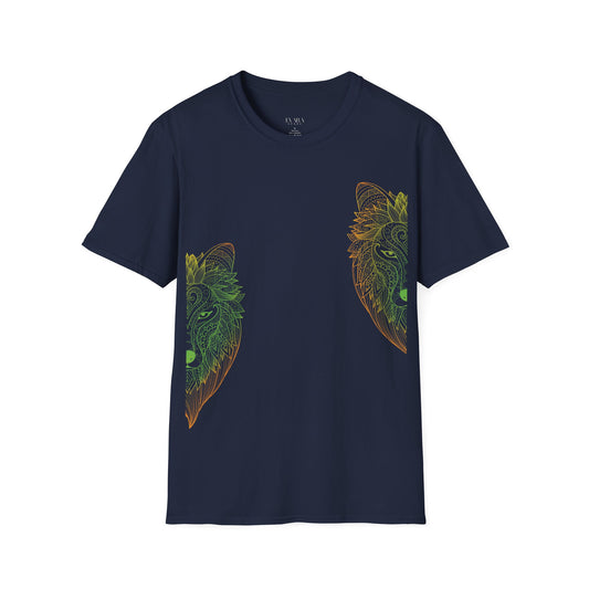 men navy blue t-shirt crewneck, with mandal mandala vibrant colored wolf design on it