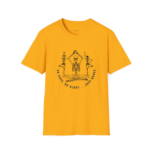 Yellow halloween themed t-shirt with skeleton design and text on a white background