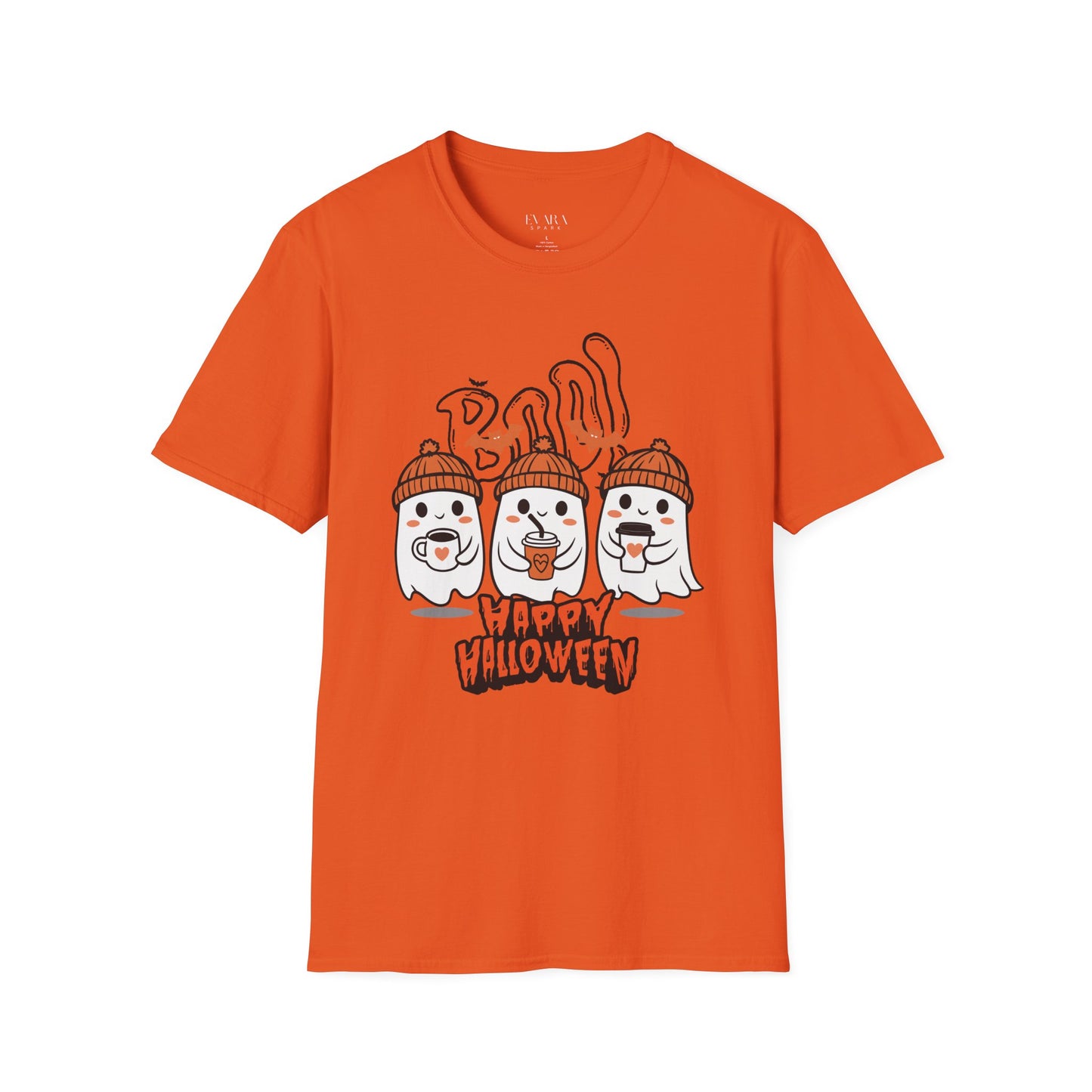 Orange t-shirt with Halloween-themed design featuring ghosts and text on a white background