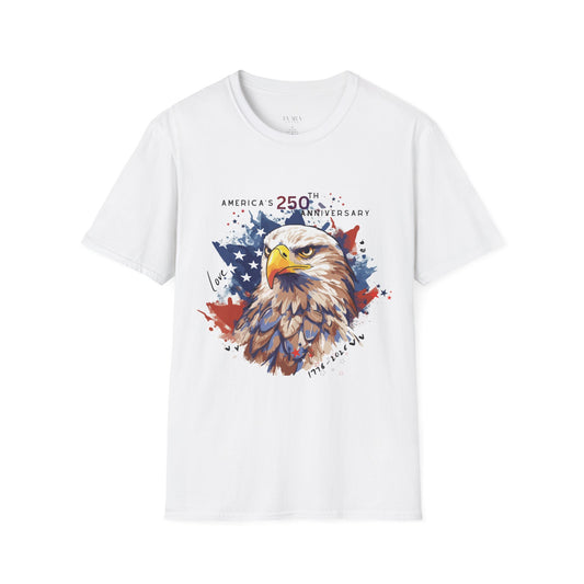 White t-shirt with a bald eagle graphic and 'America's 250th Anniversary' text on a white background