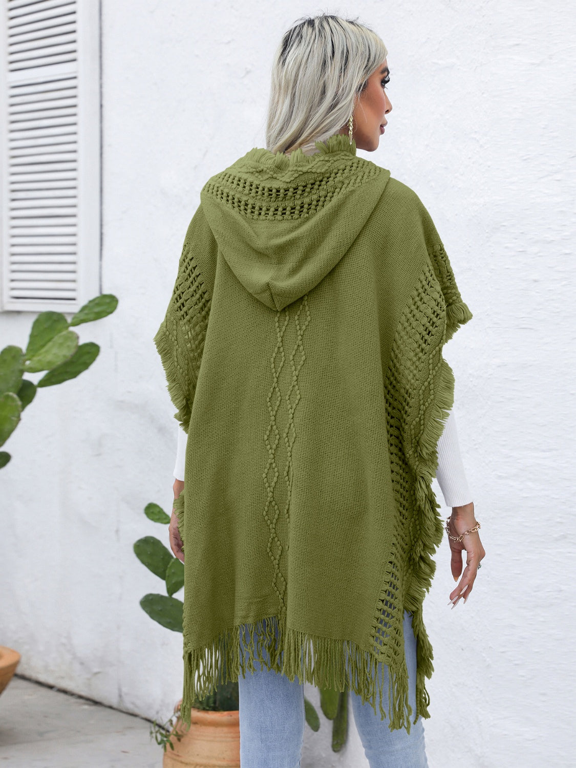 Trim Buttoned Hooded Poncho