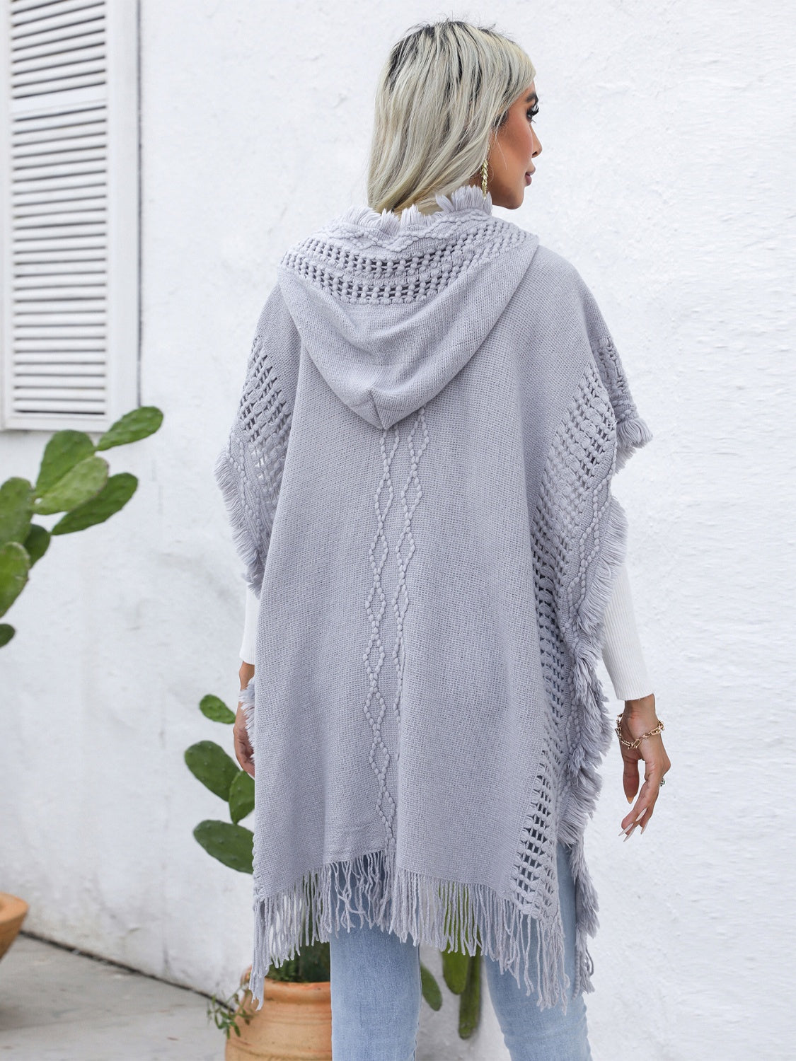 Trim Buttoned Hooded Poncho