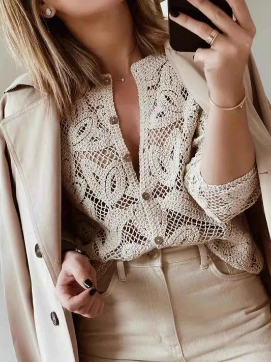 Lace Button-Up Long Sleeve Shirt