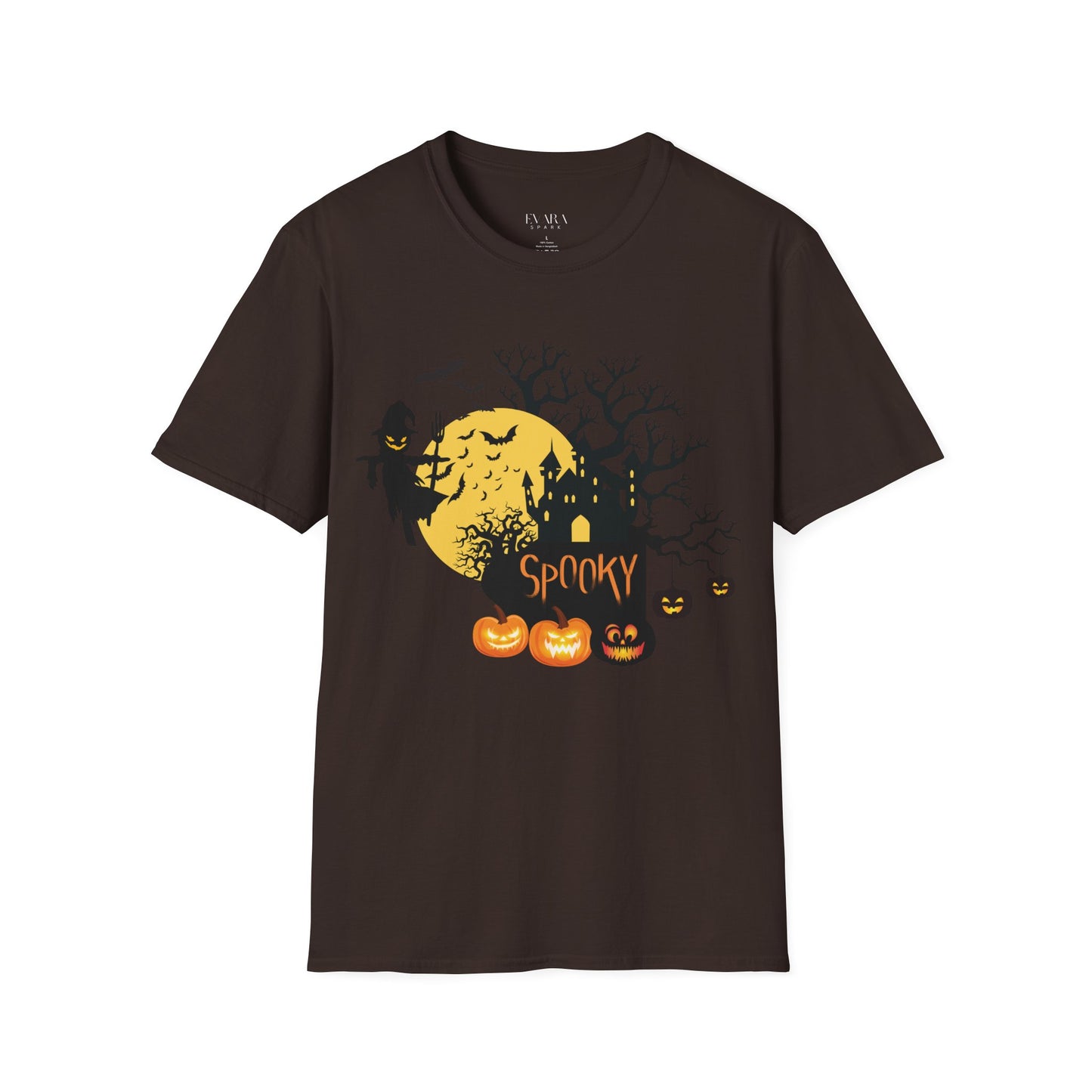 Brown t-shirt with Halloween-themed design featuring pumpkins and a moon on a white background