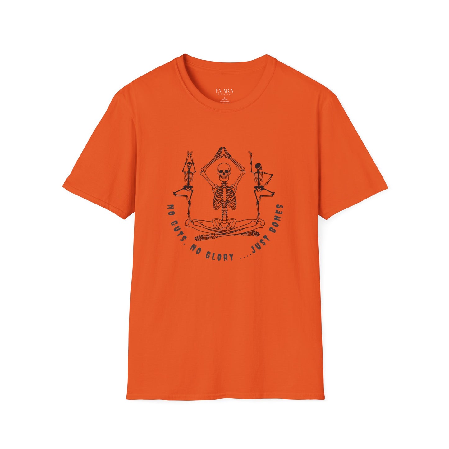 Orange t-shirt with skeleton yoga design on a white background