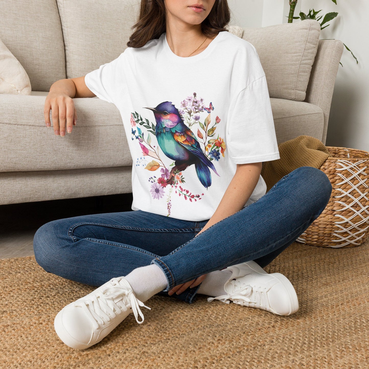 Colorful Bird Floral T-Shirt - Vibrant Watercolor Songbird Tee