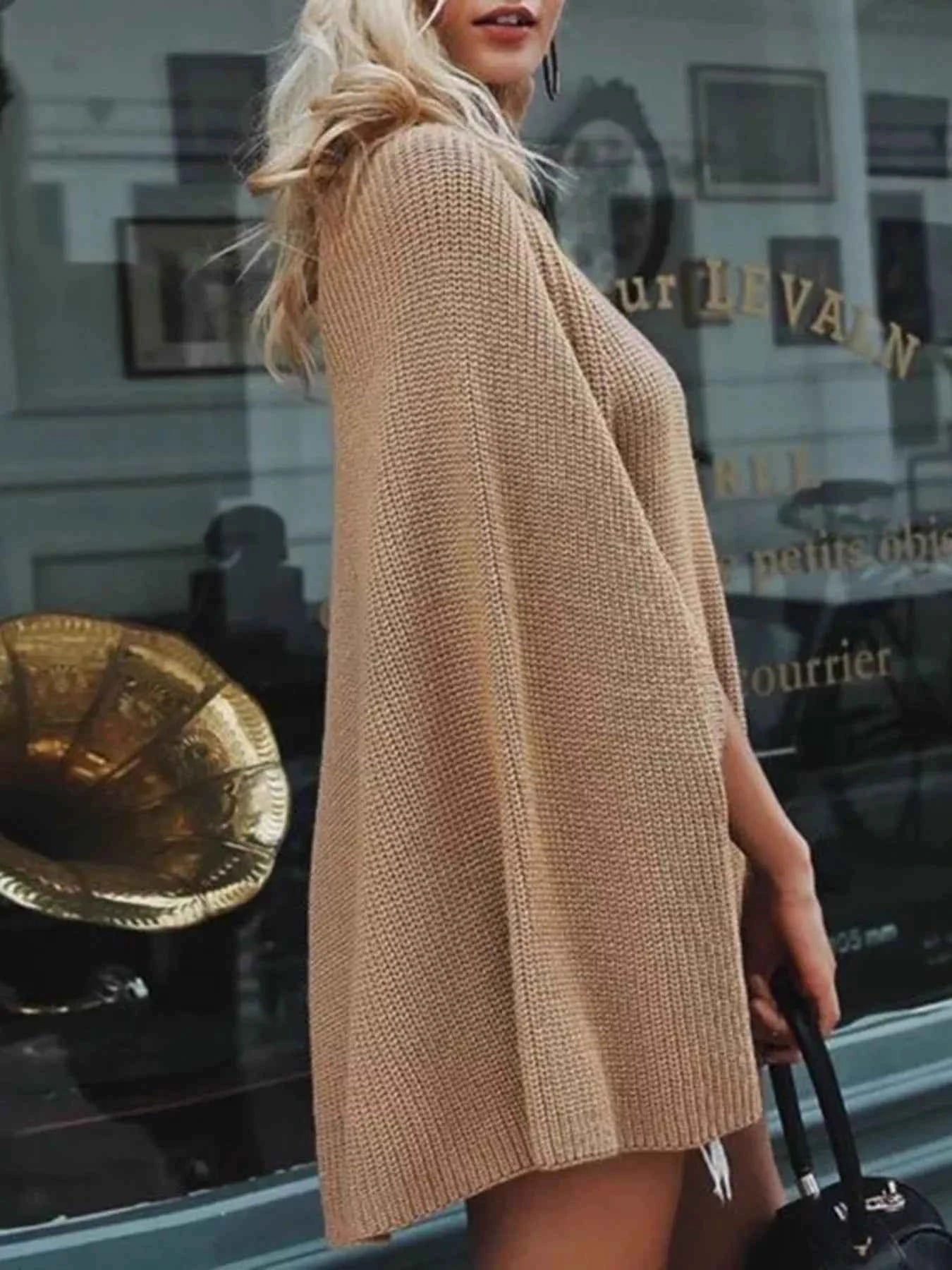 Full Size Turtleneck Knitted Cape Sweater Plus Size