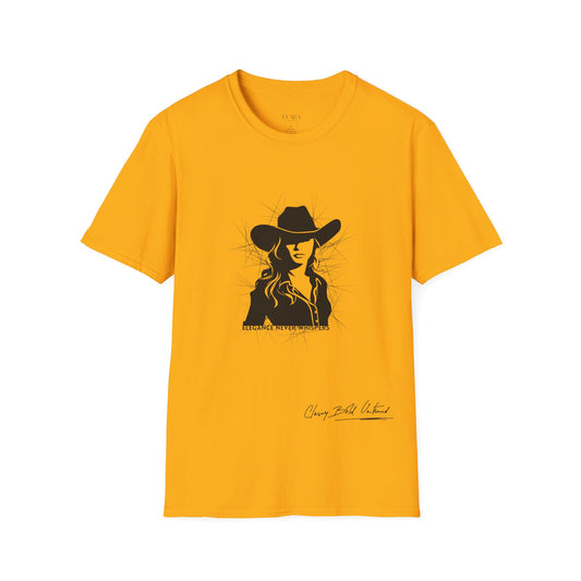 Yellow t-shirt with a black graphic of a person wearing a hat on a white background
