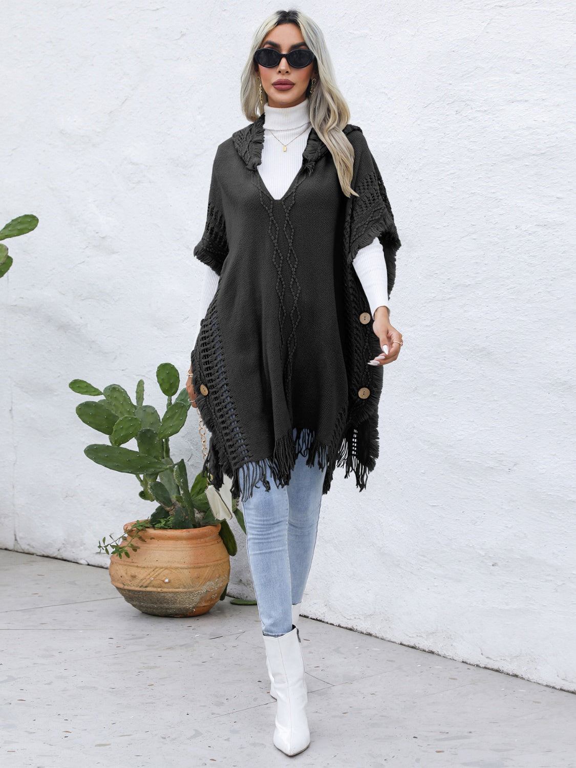 Trim Buttoned Hooded Poncho