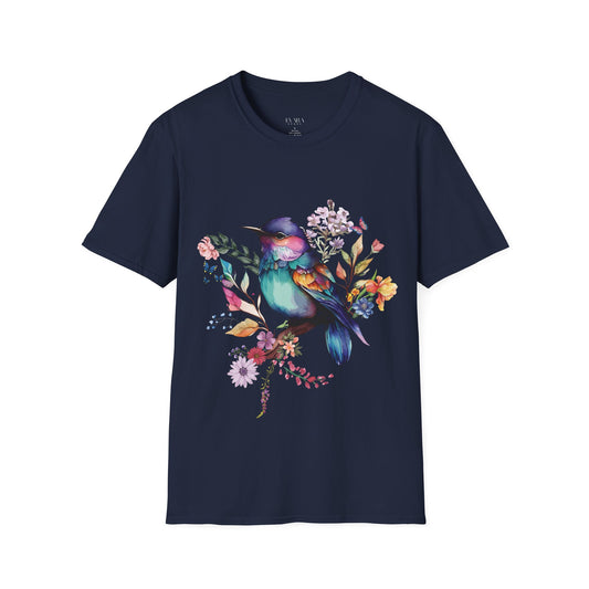 Colorful Bird Floral T-Shirt - Vibrant Watercolor Songbird Tee