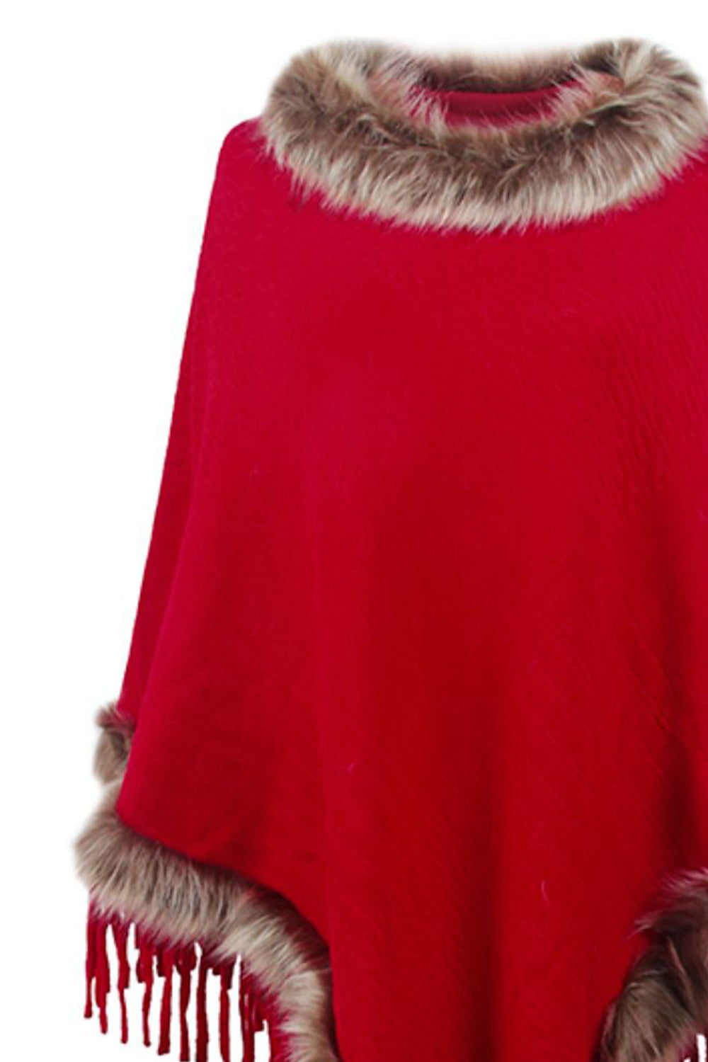 Faux Fur Trim Fringed Poncho