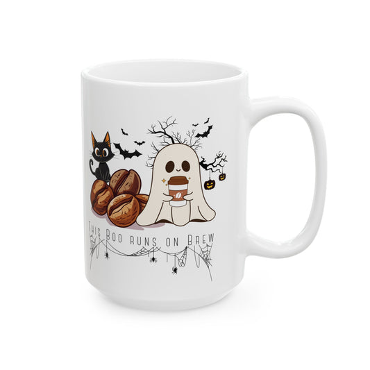'This Boo Runs on Brew' Halloween Mug, Cute 15oz Ceramic Mug for Fall & Spooky Season