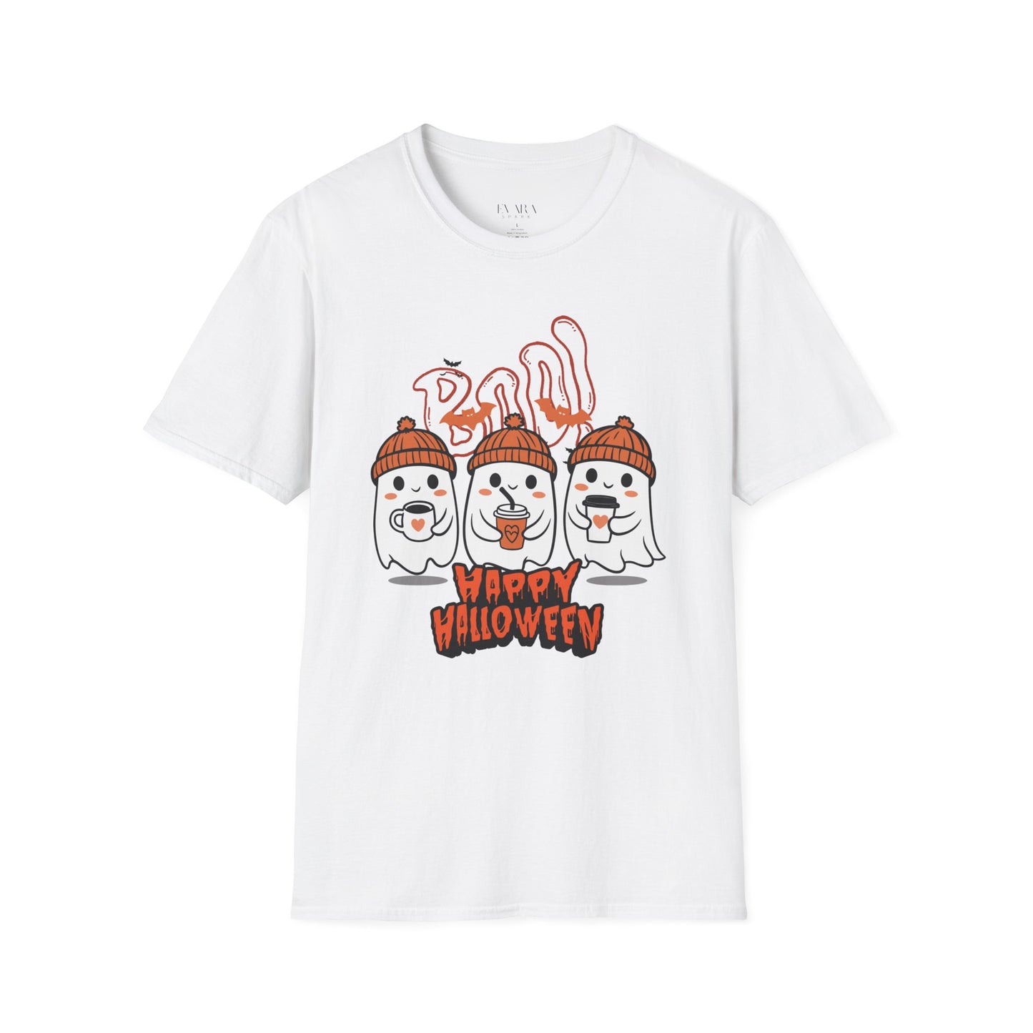 White t-shirt with Halloween-themed design featuring ghosts and text on a white background