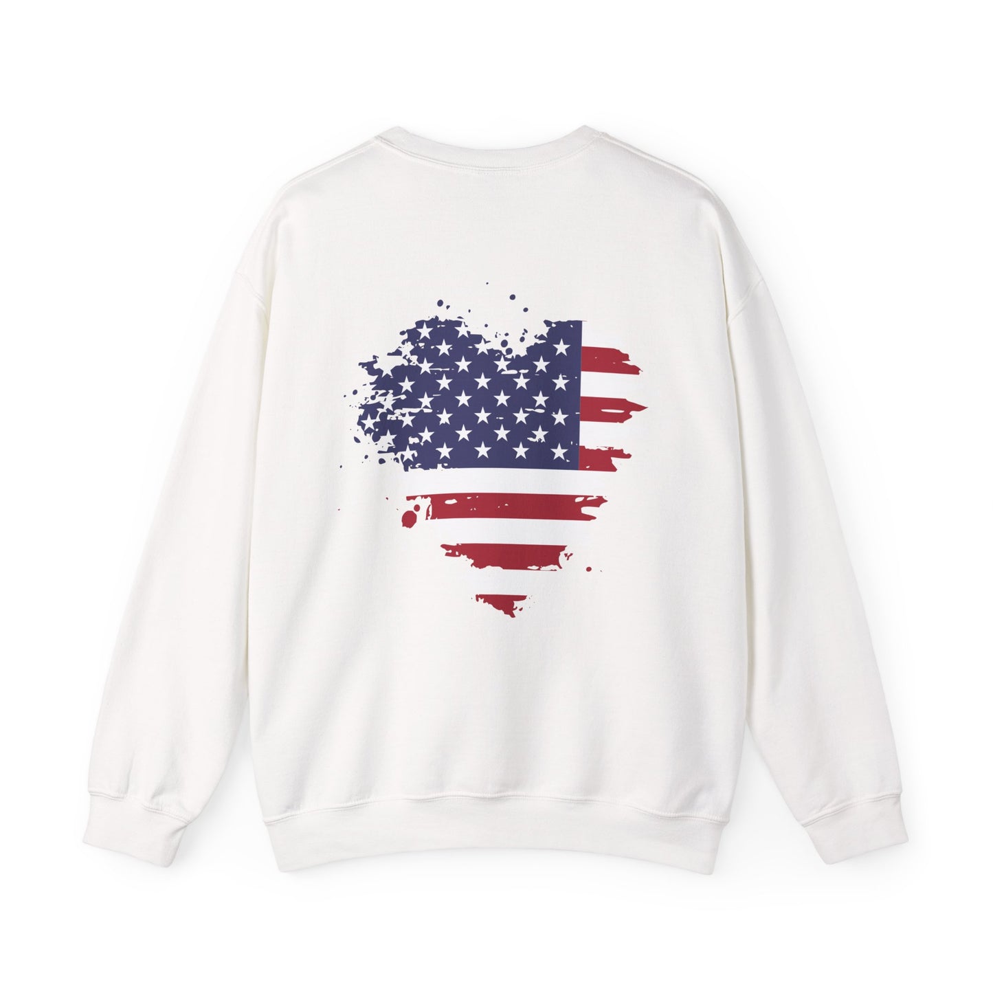ameerican flag on back side of the white crewneck women sweatshirt