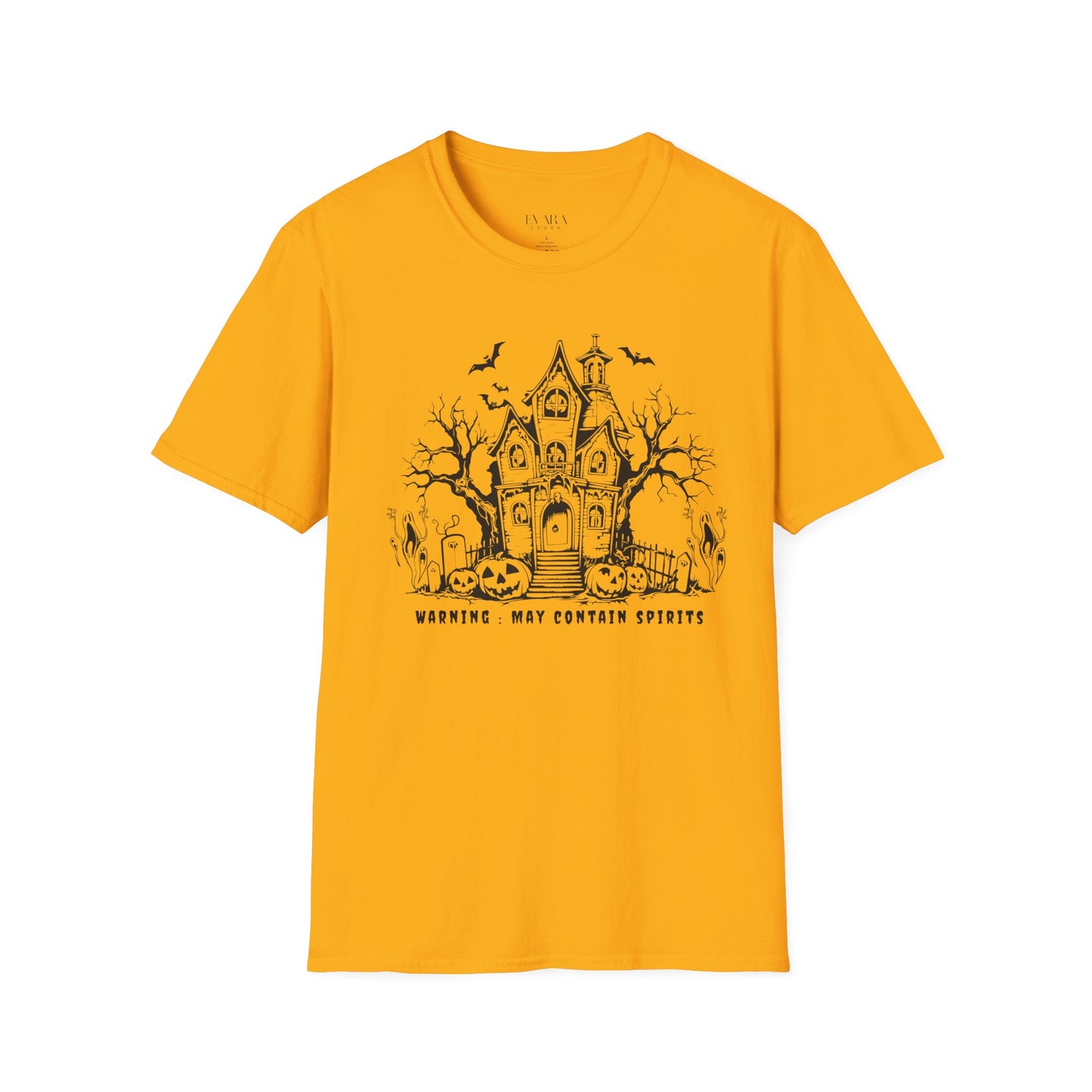 Yellow t-shirt with Halloween-themed design featuring a haunted house on a white background