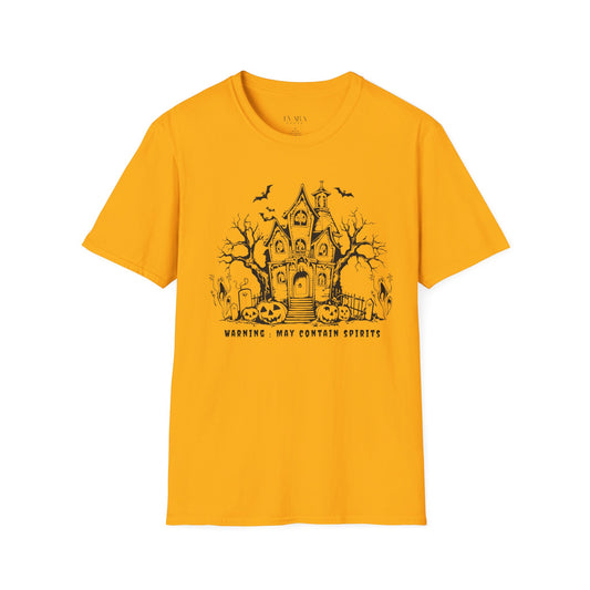 Yellow t-shirt with Halloween-themed design featuring a haunted house on a white background
