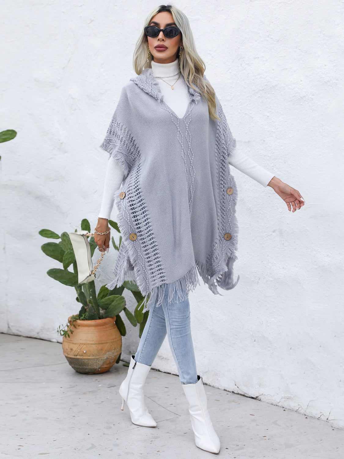 Trim Buttoned Hooded Poncho