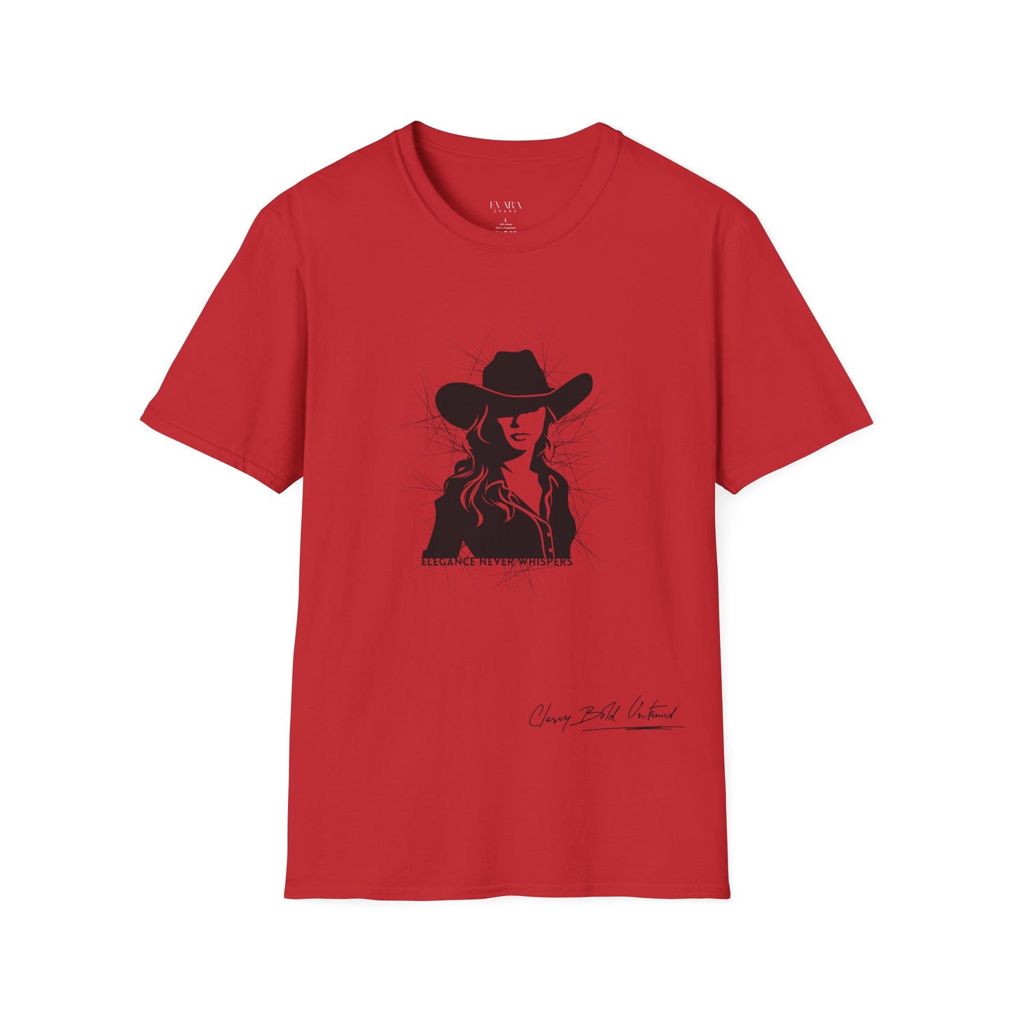 Red t-shirt with a black graphic of a person wearing a cowboy hat on a white background