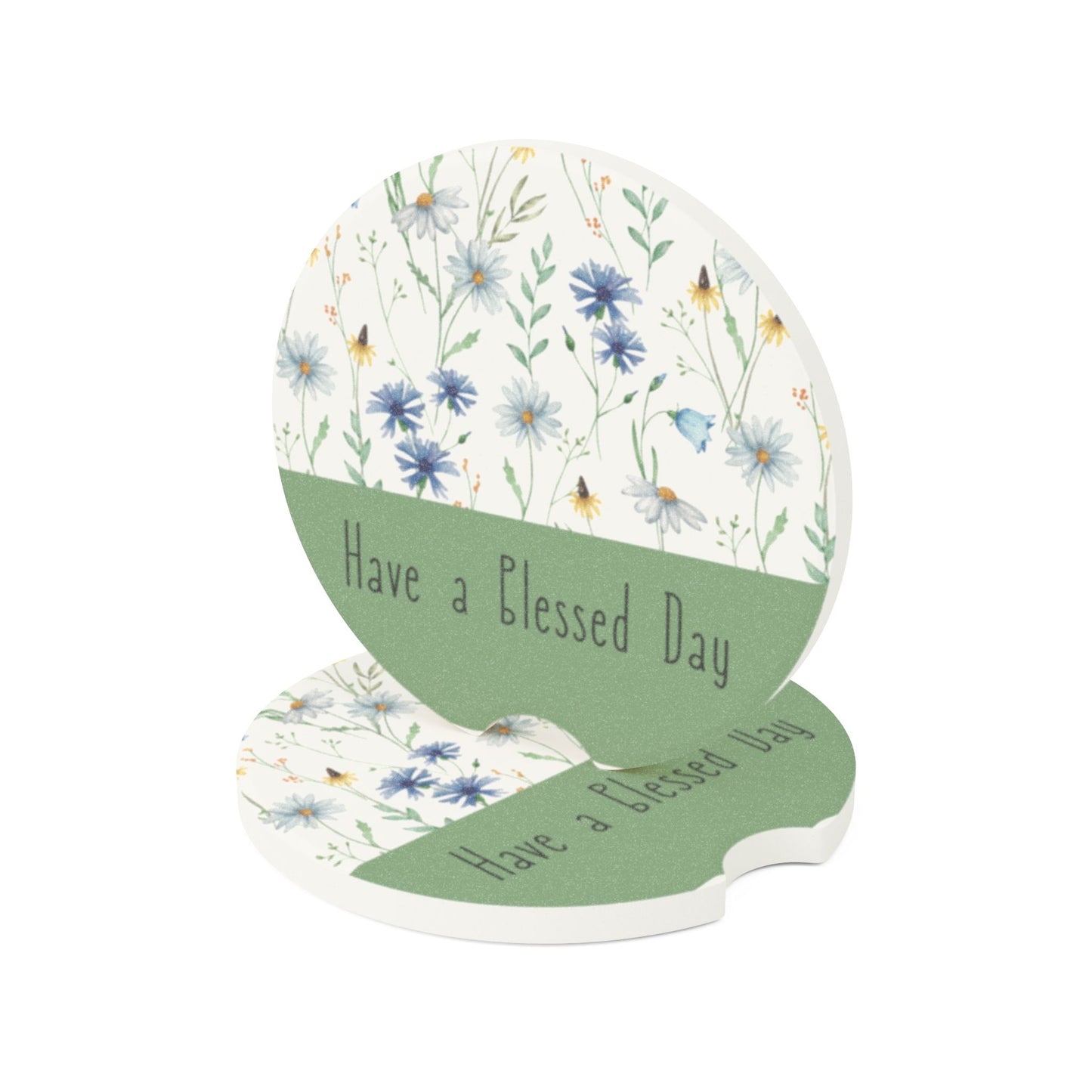 Floral Soapstone Car Coaster (2pcs) - "Have a Blessed Day" - Stylish Vehicle Accessory
