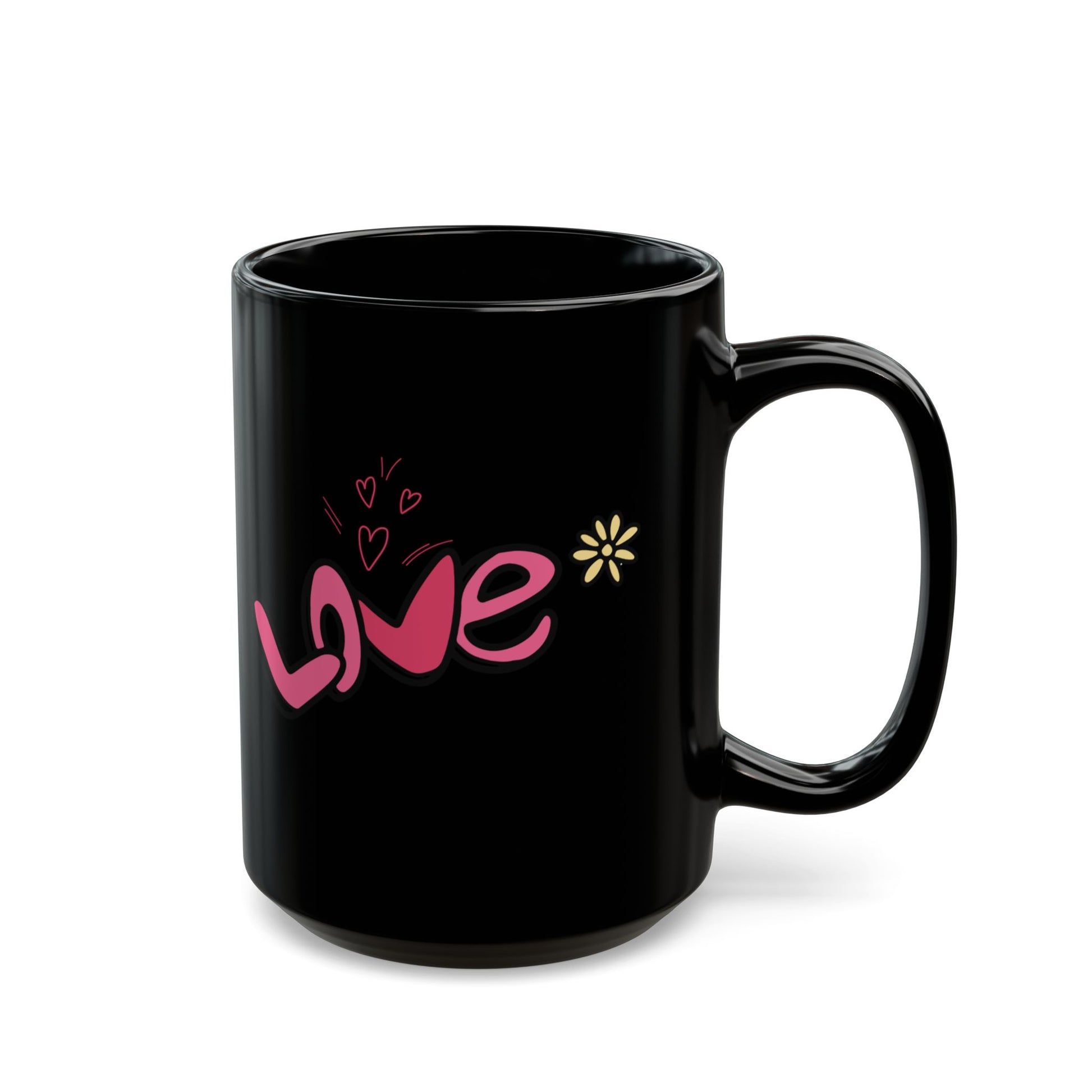 Black mug with 'love' written in pink on a white background