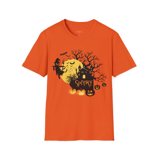 Orange t-shirt with Halloween-themed design featuring a witch, moon, and pumpkins on a white background.