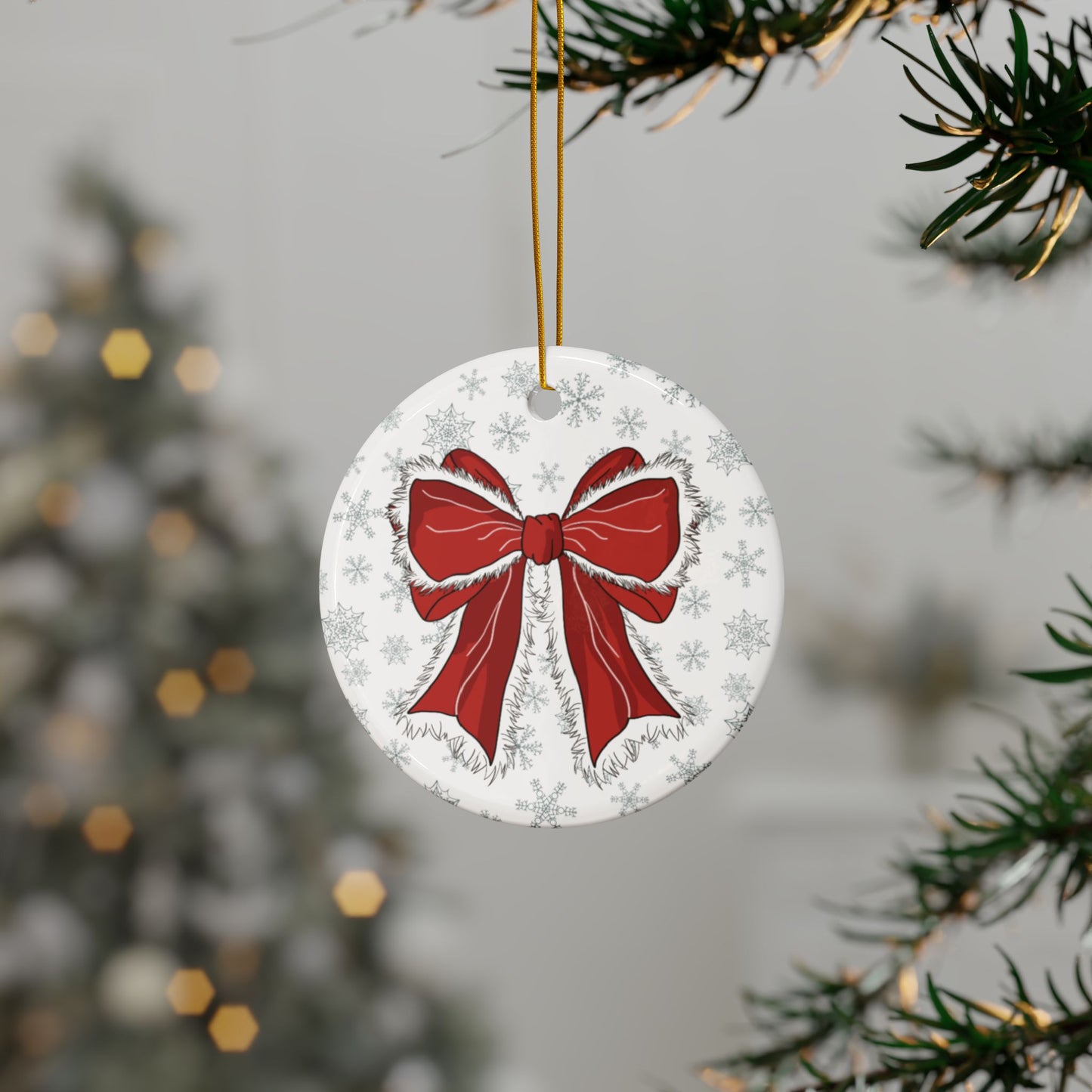 Ceramic Ornaments - Christmas Bow with Frosty Theme, 2-Side Print