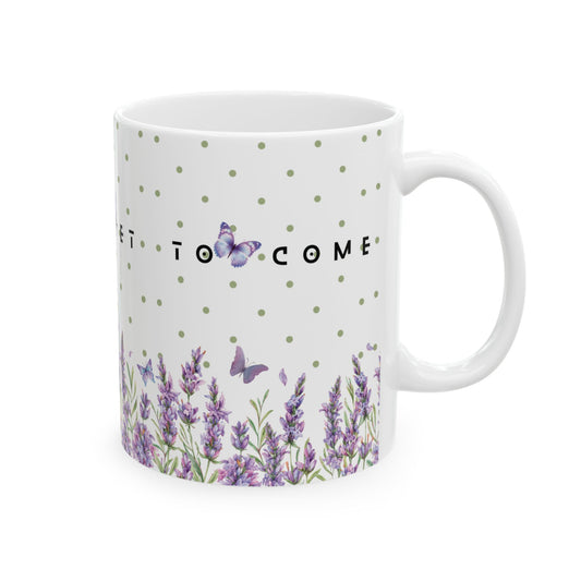White mug with lavender and butterfly design on a white background