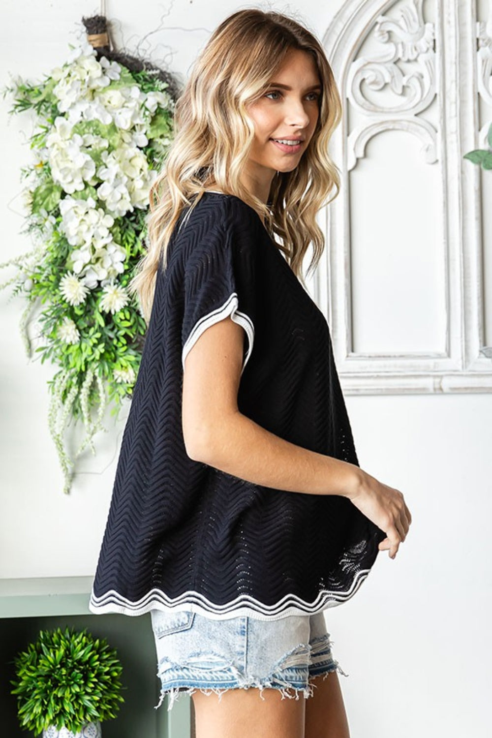 Full Size Contrast Wavy Crochet Drop Shoulder Knit Top