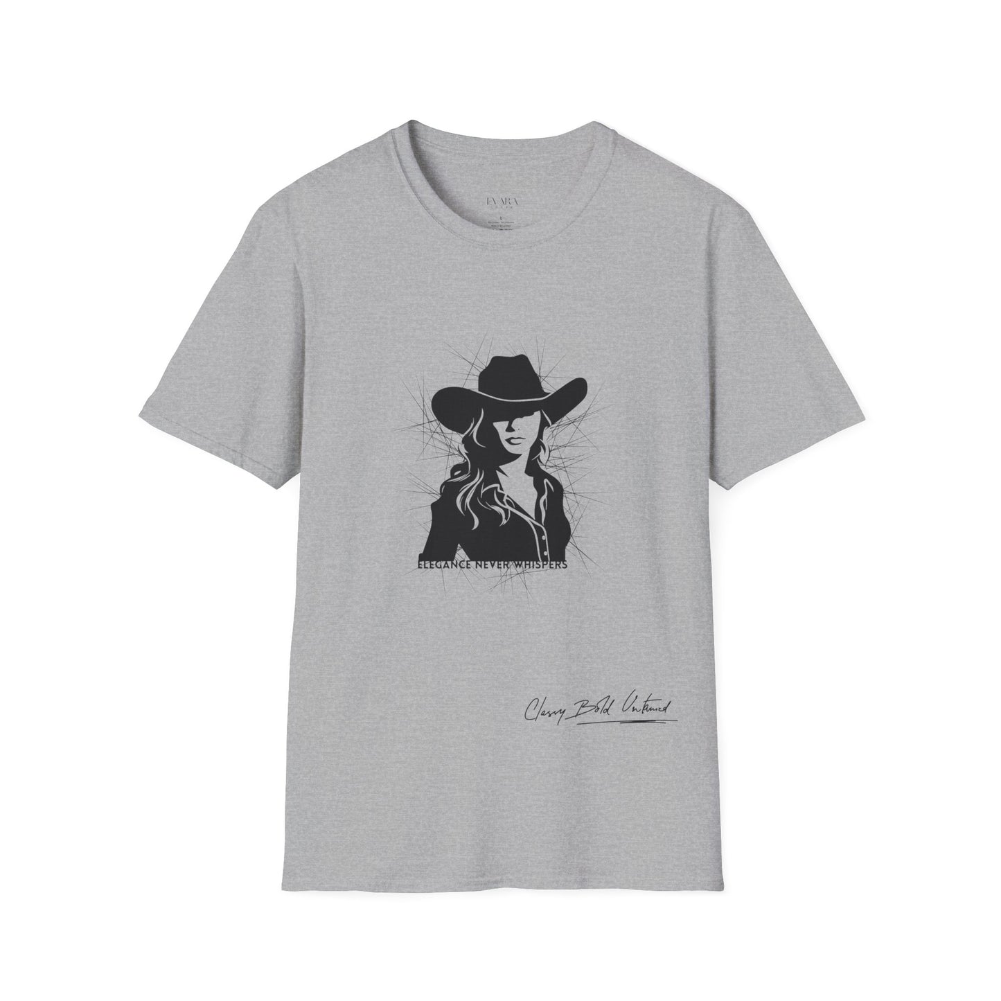 Elegance Never Whispers Women’s T-Shirt | Stylish Woman in Hat Graphic Tee | Minimalist Fashion Shirt for Women