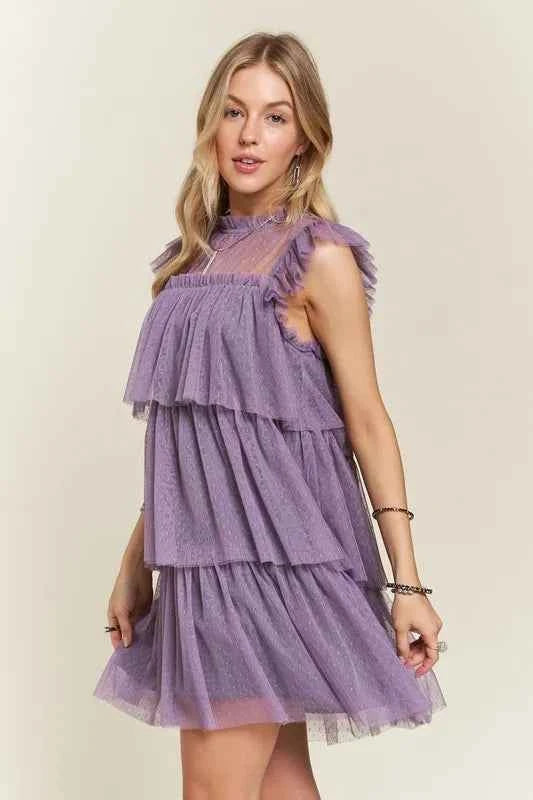 ADORA Layered Ruffled Cap Sleeve Mesh Dress