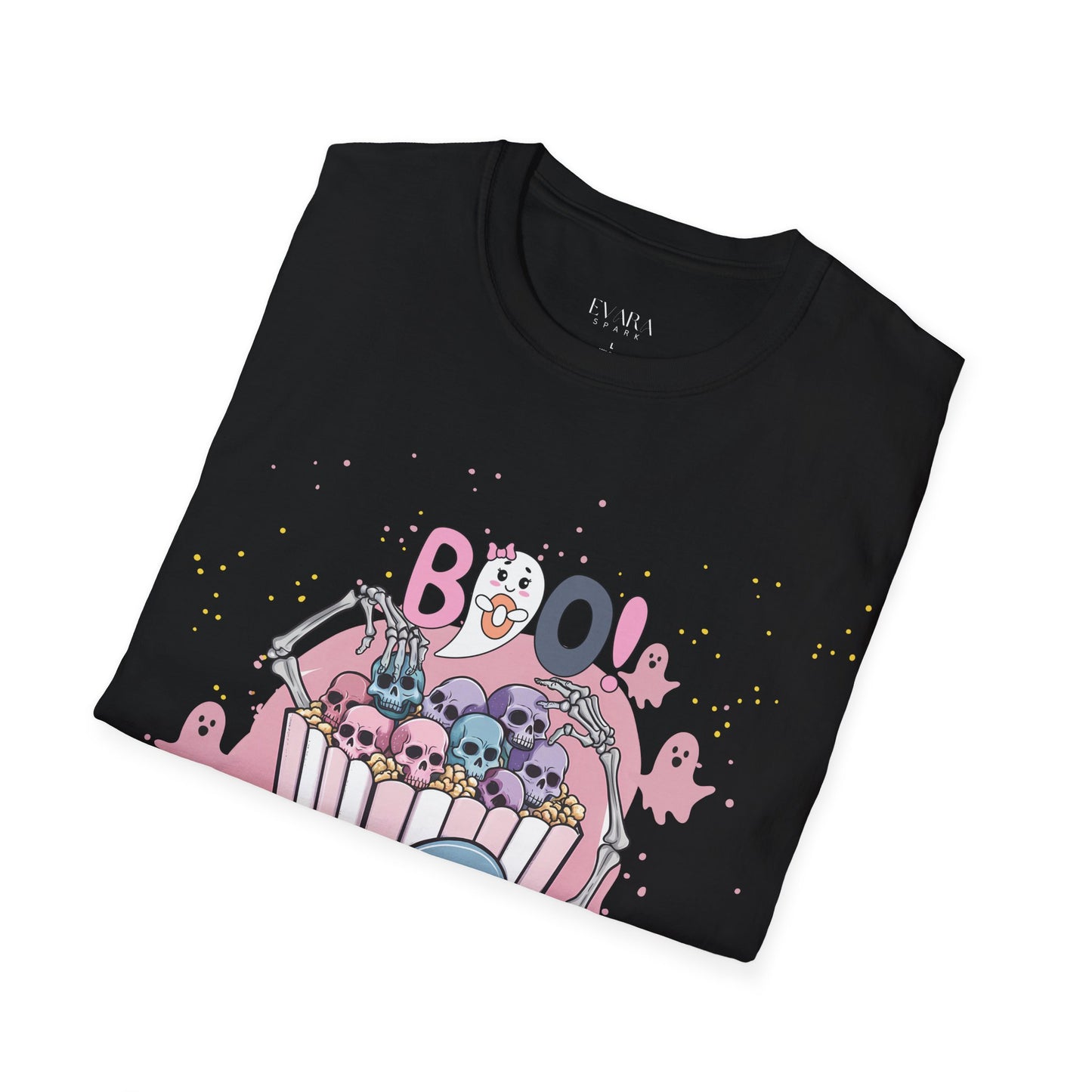 Boo! Spooky Popcorn Women’s Halloween T-Shirt for Movie Nights & October Fun