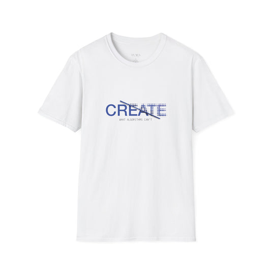 White t-shirt with blue and red text on a white background