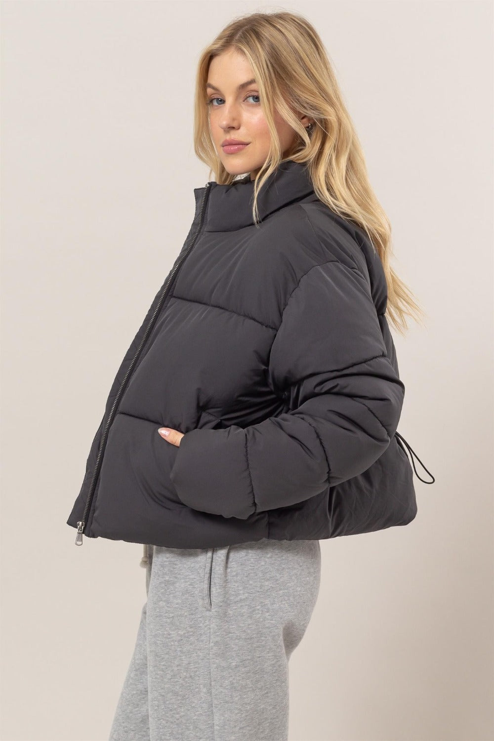 Quilted Back Drawstring Puffer Jacket