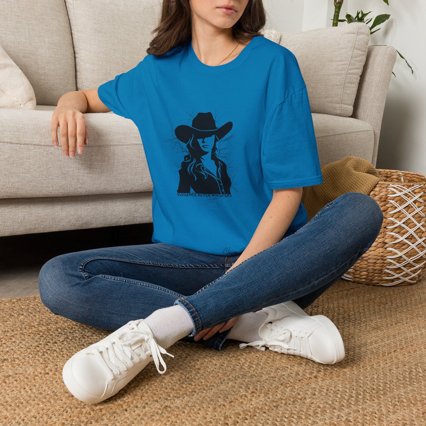 Elegance Never Whispers Women’s T-Shirt | Stylish Woman in Hat Graphic Tee | Minimalist Fashion Shirt for Women
