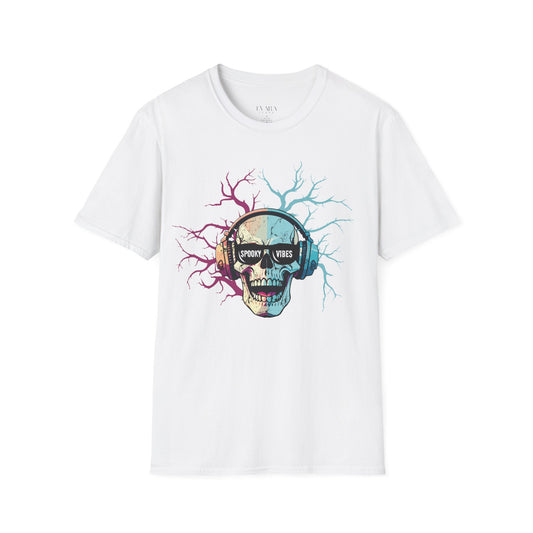 Halloween Skull Headphones T-Shirt, Unisex Music Lover Cotton Tee for Spooky Season & Festivals