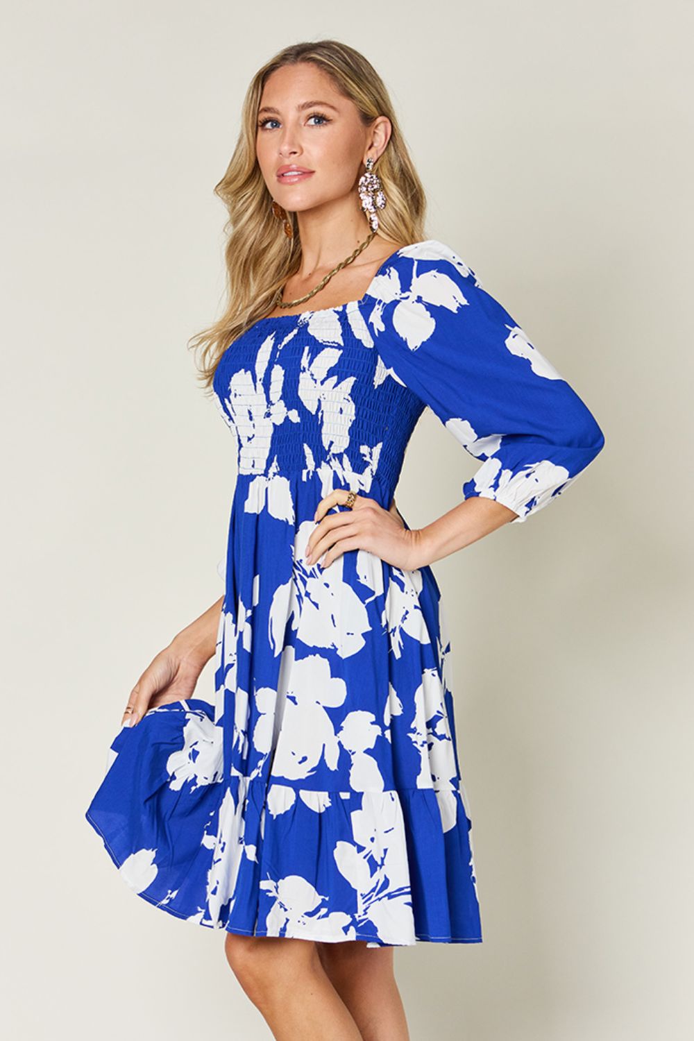 Floral Ruffle Hem Smocked Dress with Pockets