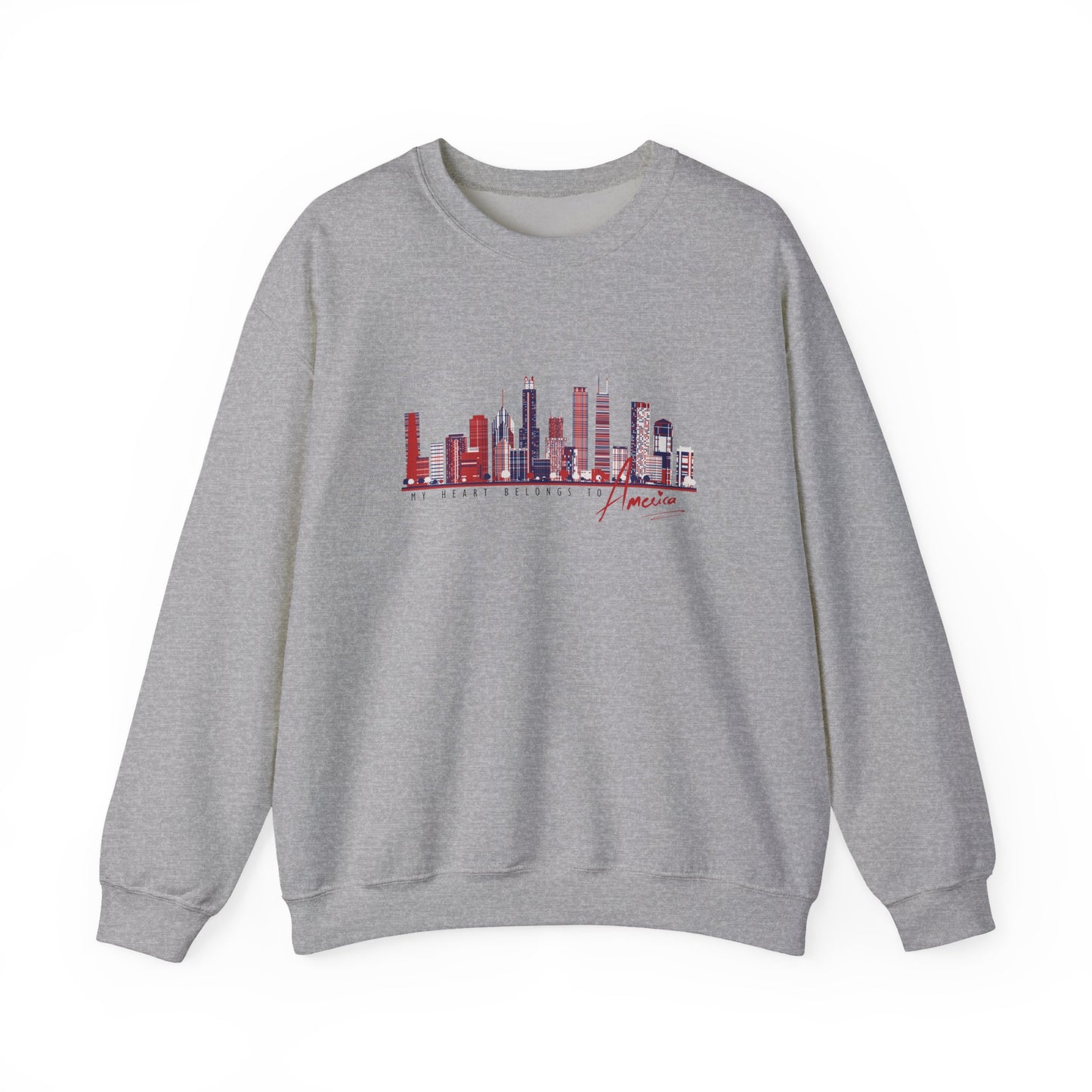 'My Heart Belongs to America' Women’s Crewneck Sweatshirt -Cityscape & American Flag Graphic