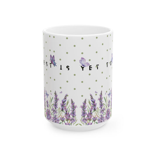 Mug with lavender design and text on a white background