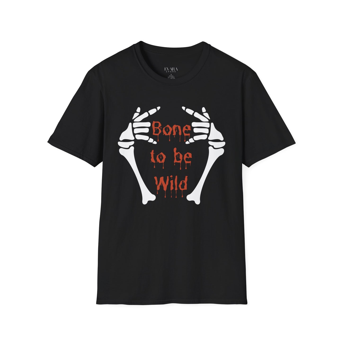 Black t-shirt with skeleton hands design and 'Bone to be Wild' text on a white background