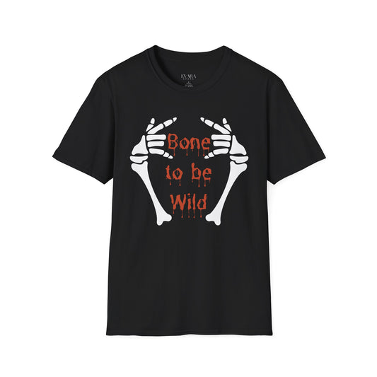 Black t-shirt with skeleton hands design and 'Bone to be Wild' text on a white background