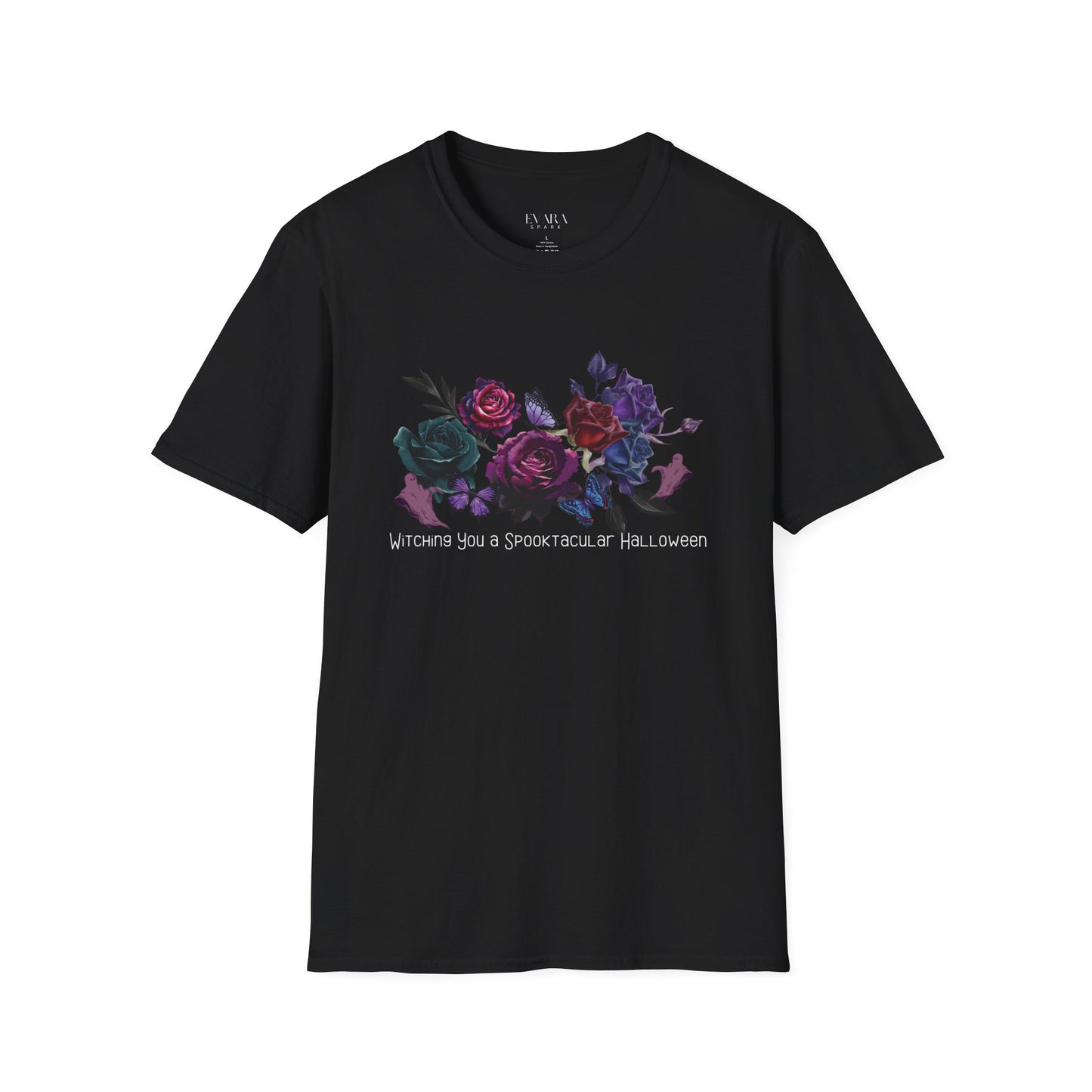 spooky Black t-shirt with colorful floral design and text on a white background