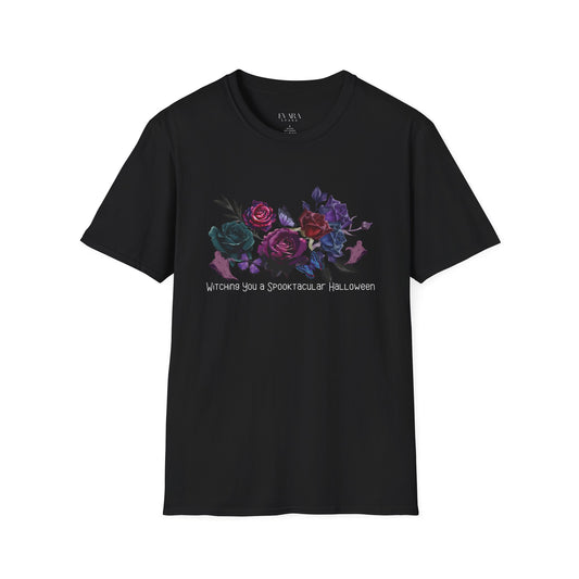 spooky Black t-shirt with colorful floral design and text on a white background