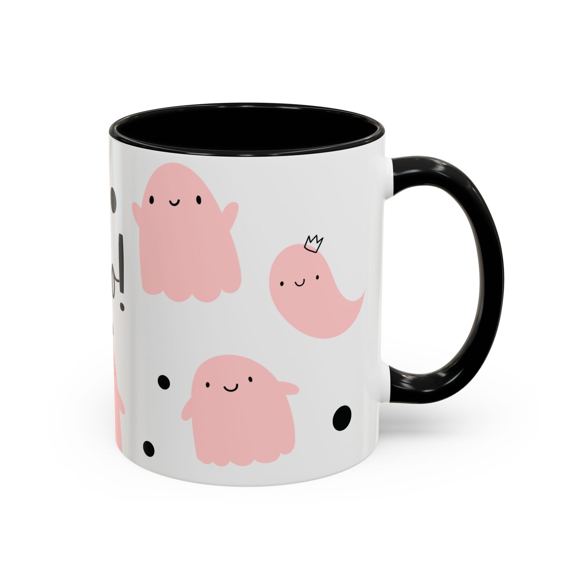 White mug with black interior and handle featuring pink ghost illustrations on a white background