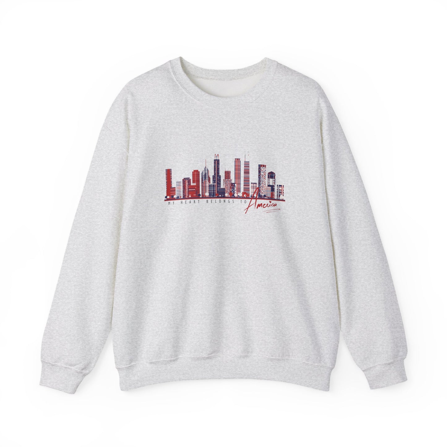 'My Heart Belongs to America' Women’s Crewneck Sweatshirt -Cityscape & American Flag Graphic
